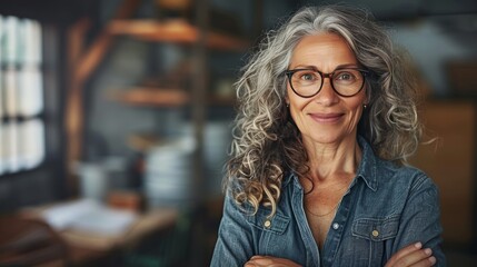 Fototapeta premium Confident senior businesswoman in modern office setting, smiling and engaging with the camera