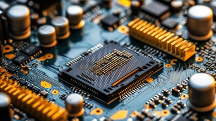 Close-up of a CPU on a circuit board.