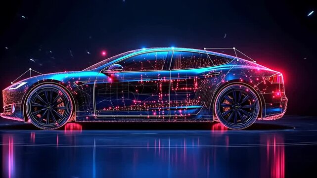 A sleek, futuristic car rendered with glowing neon lights and high-tech detailing. Concept of innovation and the evolution of modern automotive design.