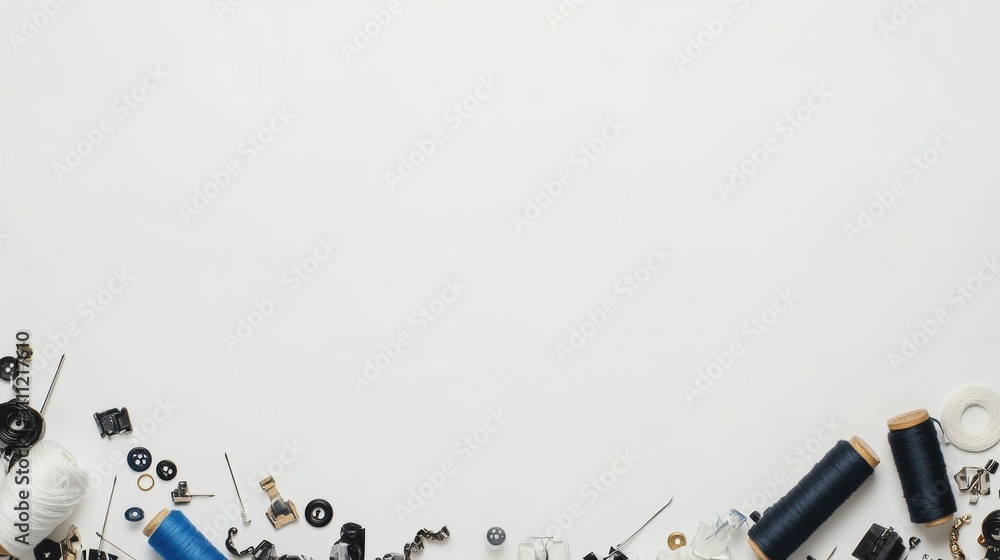 Aufkleber Sewing tools like needles, threads, and buttons are neatly arranged on a white surface, providing ample blank space for additional text or graphics. Generative AI