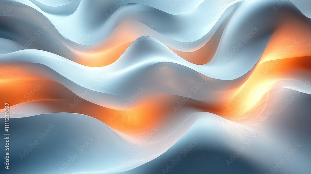 Poster abstract waves of smooth flowing fabric with soft gradients of blue and orange light creating a sere