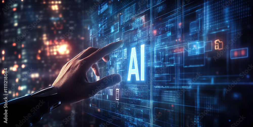 Poster hand interacting with a digital interface displaying ai technology in a futuristic city at night