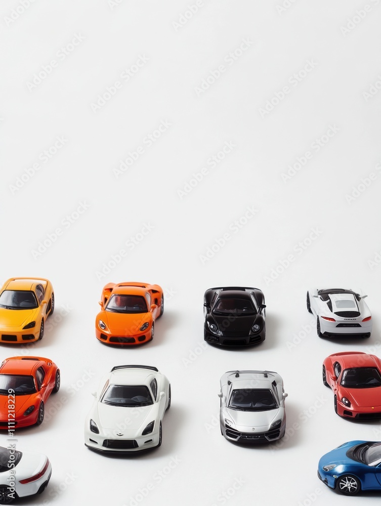 Poster A collection of miniature car models in various colors is displayed neatly against a white background, allowing for creative text placement. Generative AI