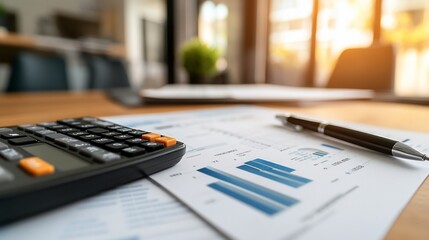 A calculator and pen rest on financial reports with graphs, indicating business analysis.
