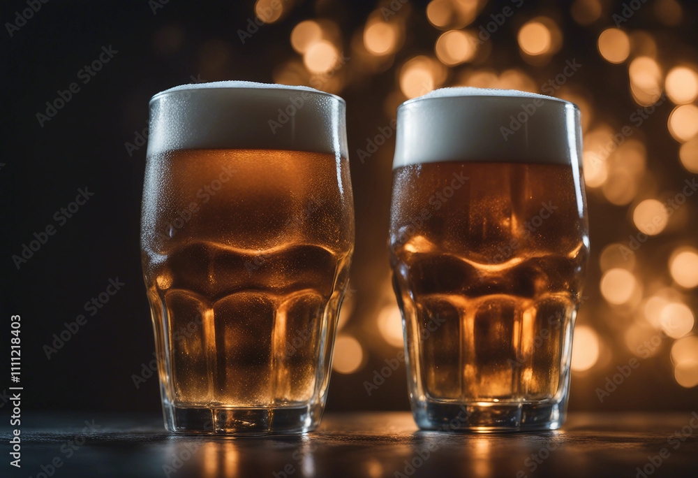 Poster two large beer glasses with thick foam placed in close proximity isolated against a dark background
