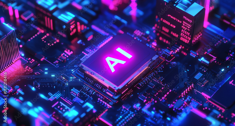 Aufkleber Advanced microchip technology featuring AI symbol on a vibrant circuit board designed for innovative applications