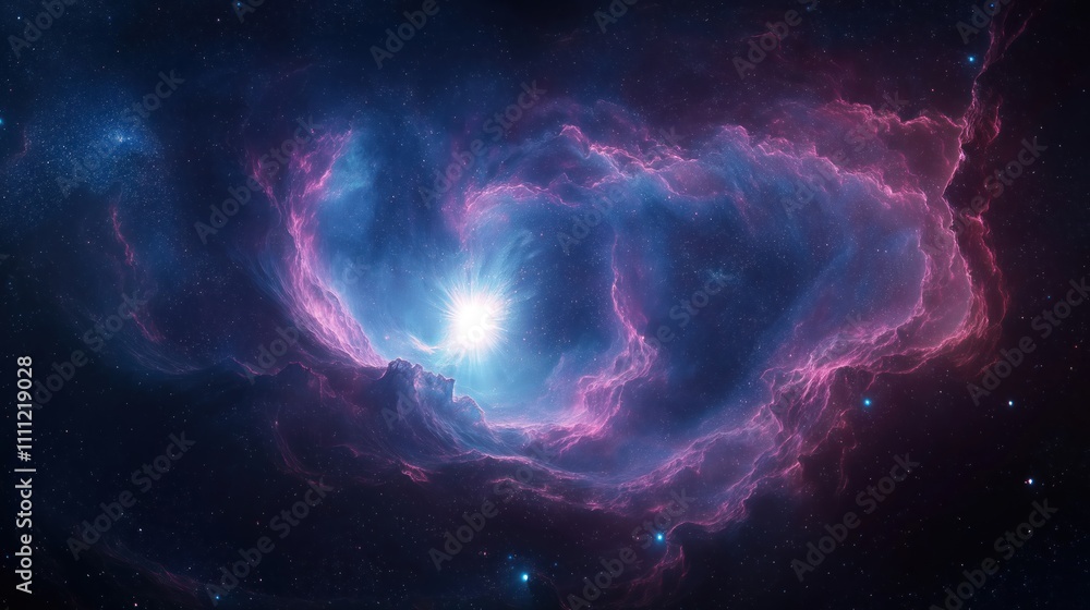 Poster cosmic nebula bursts with crystalblue particles in a magenta sky. plasma dances like stars twisting 