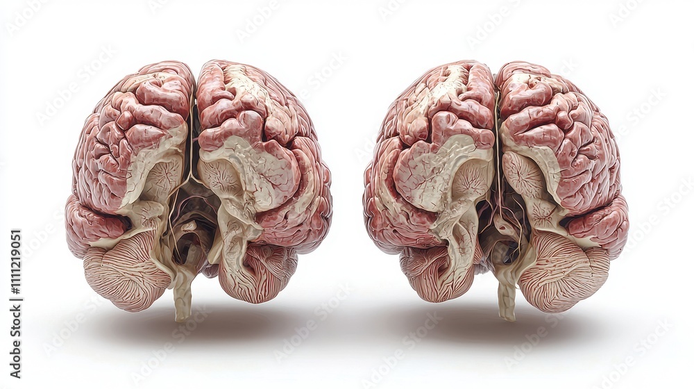 Poster a detailed anatomical representation of human brains, showcasing both hemispheres in a symmetrical v