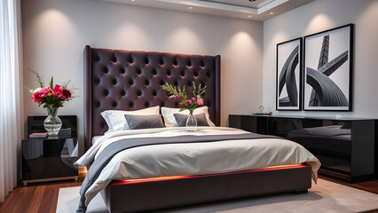 Obraz premium A stylish modern bedroom with dark wood furniture, large windows letting in ample natural light