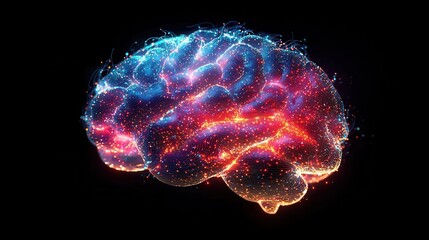 Fototapeta premium A vibrant, artistic representation of a brain, illuminated with colorful lights against a dark backdrop, symbolizing creativity and intelligence.