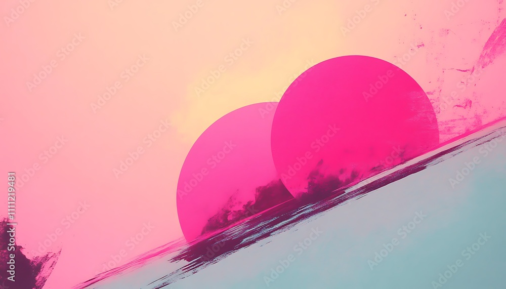 Poster abstract composition featuring two large pink spheres against a soft gradient background.