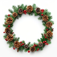 Fototapeta premium Festive christmas wreath with pine cones and red berries for holiday decoration