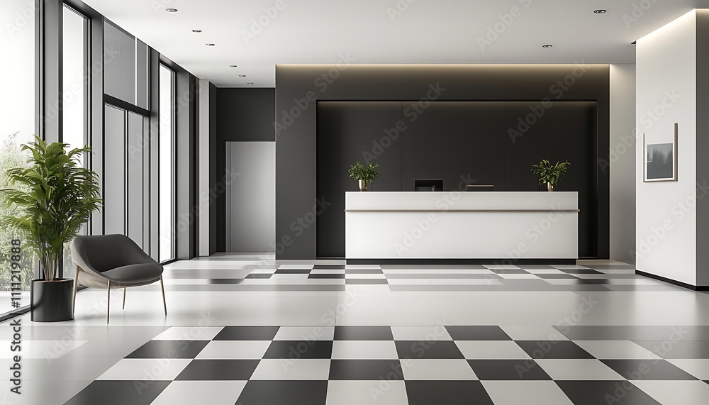 Poster modern reception area with checkered flooring and minimalistic design.