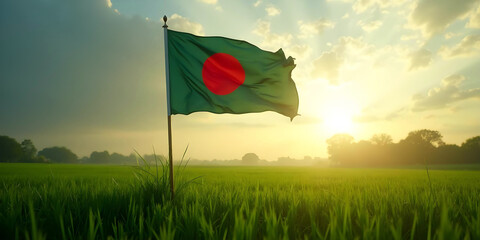 Bangladesh Flag Waving in Scenic Sunrise Landscape - Patriotic Victory Day and Independence Day Celebration Background Design. Bangladesh Flag