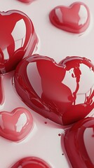 Glossy red hearts set a romantic mood, embodying love and joy for Valentine's Day celebrations