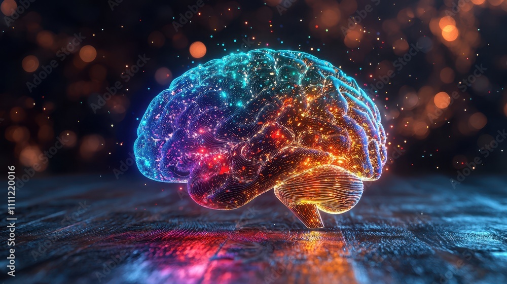 Poster a vibrant, digital representation of a brain, illuminated with colorful lights and sparkles, symboli