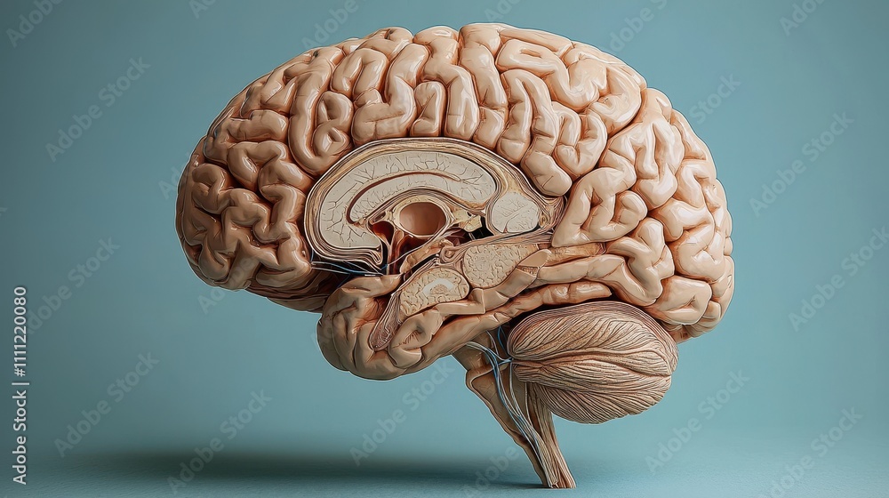 Poster a detailed anatomical model of a brain, showcasing its intricate texture and structure against a sof