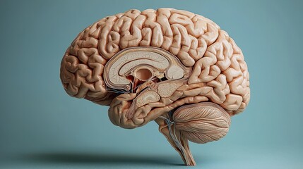 A detailed anatomical model of a brain, showcasing its intricate texture and structure against a soft blue background.