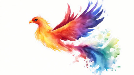 Fototapeta premium A watercolor illustration features the lgbtq+ pride flag morphing into a colorful phoenix, symbolizing resilience, on a transparent background. Phoenix. Illustration