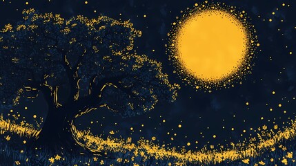 Ethereal night field artwork merging pyrography aesthetics and digital drawing, evoking a dreamlike atmosphere with celestial charm.