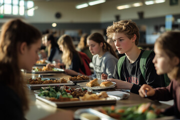 High school students enjoying a healthy lunch in a bright, modern cafeteria setting, fostering a sense of community and wellness.