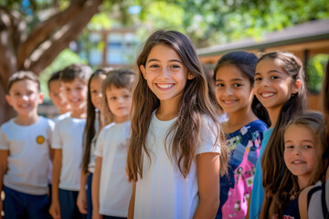 Fototapeta premium Happy schoolchildren in a lineup outdoors, highlighting diversity and friendship in a natural learning environment.