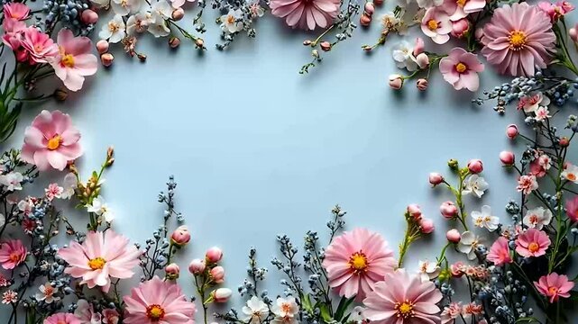 Frame with colorful flowers on clear white background. Greeting card design for holiday, Mother's day, Easter, Valentine day