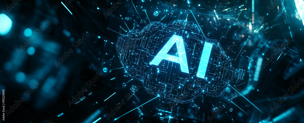 Aufkleber Digital representation of artificial intelligence within a futuristic network environment showcasing glowing brain patterns