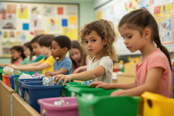 Fototapeta premium Diverse children sorting recyclables into colorful bins in a classroom, promoting environmental education and sustainability practices among the young generation.