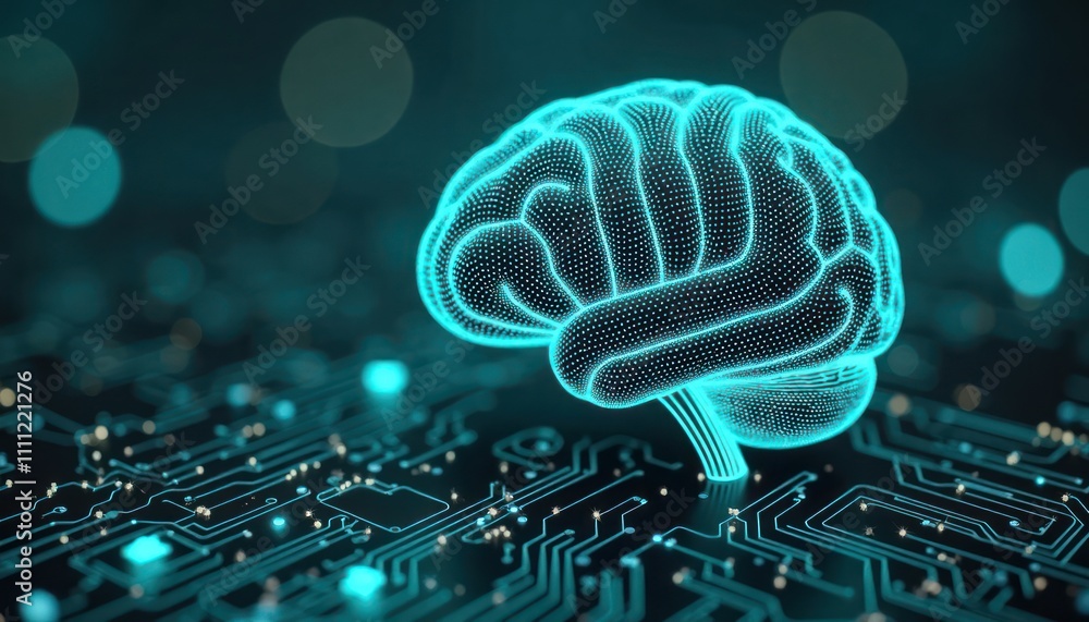 Poster futuristic glowing brain model sits on digital circuit board. tech, ai concept. dynamic design. illu