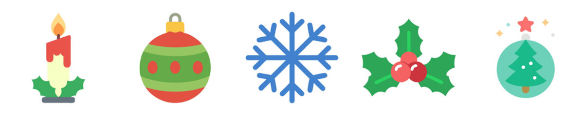 Obraz premium A festive collection of holiday icons, including a candle, ornament, snowflake, holly, and Christmas tree, perfect for seasonal decorations.