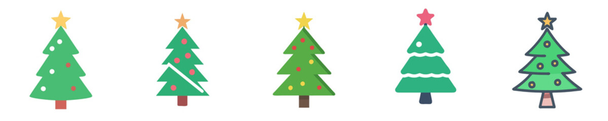 A collection of five colorful Christmas trees, each with unique decorations, showcasing festive styles and vibrant designs for the holiday season.