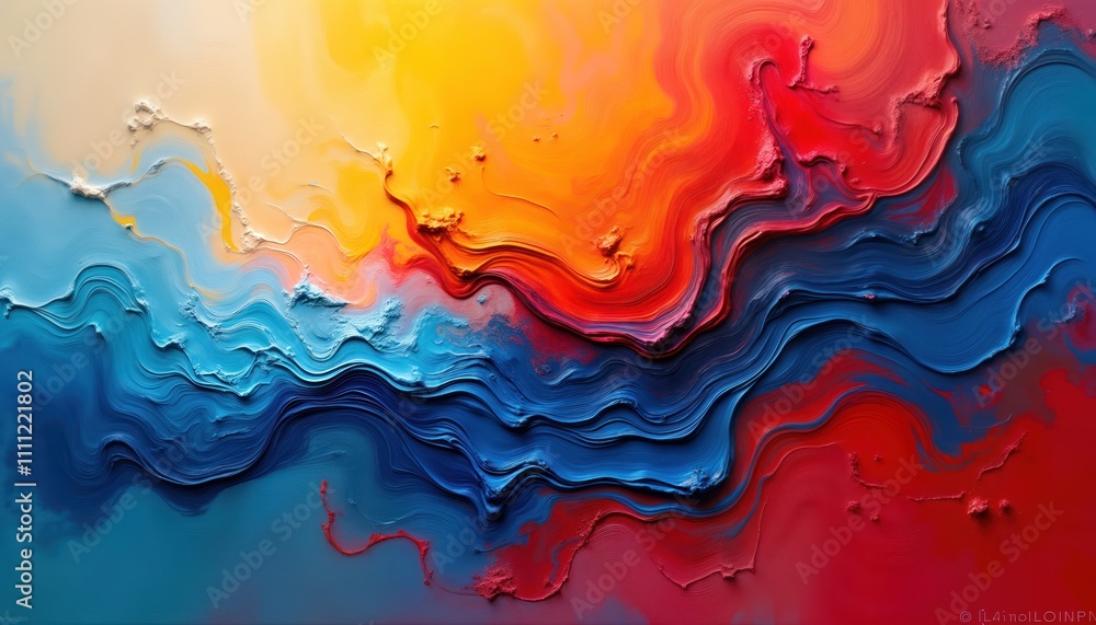 Poster Abstract artwork featuring vibrant colors. Red, blue tones dominate textured surface with flowing patterns resembling liquid. Brushstrokes create dynamic waves, sense of movement. Design modern,