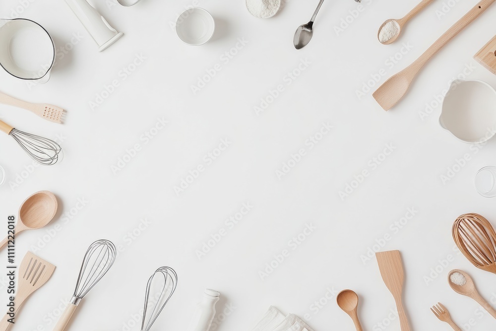 Poster various kitchen utensils such as spatulas, whisks, and spoons are neatly arranged on a white surface