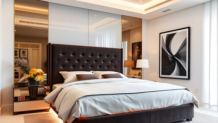 An elegant modern bedroom featuring a luxurious bed with a velvet headboa