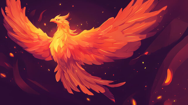 A fiery phoenix bird with wings spread wide against a dark background. Phoenix. Illustration