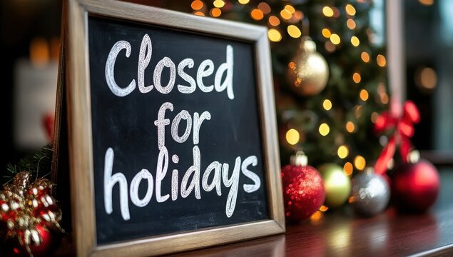 Chalkboard sign 'closed for holidays' with christmas ornaments and lights symbolizes office shutdown for christmas.