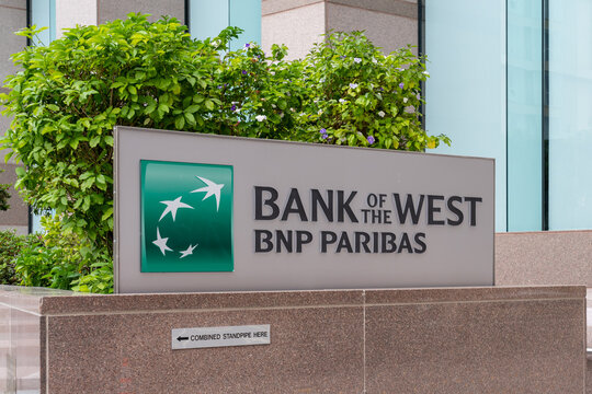 Close up of Bank of the West sign is seen in Los Angeles, CA, United States - May 28, 2023. Bank of the West was an American financial institution now part of BMO Financial Group. 