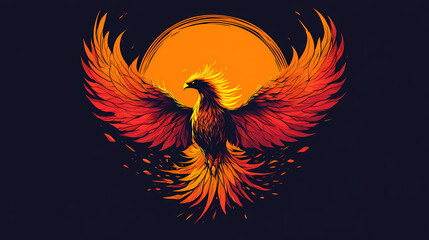 A phoenix rising from ashes, glowing brightly with fiery wings spreading wide. Phoenix. Illustration