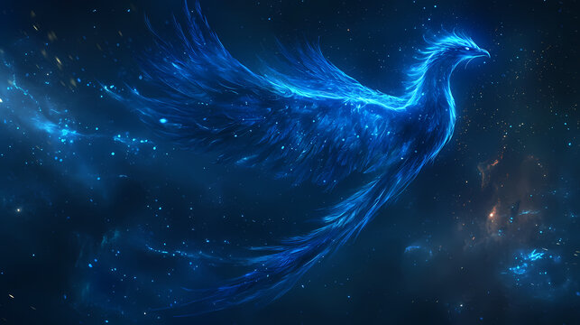 A mystical blue phoenix soaring gracefully with ethereal feathers, glowing in a dark, star-filled sky. Phoenix. Illustration