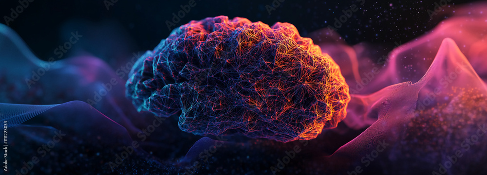 Poster Abstract representation of a brain illuminated in vibrant colors set against a dark background with ethereal wisps of light