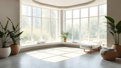 Bright wellness spa room with large windows, smooth stone floors, and calming greenery accent