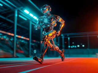 AI-Generated image of A robot is running on a track with a bright blue background. The robot is wearing a helmet and has a metallic appearance. The scene is set in a futuristic environment with neon l