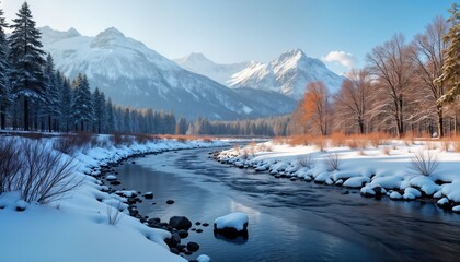 Winter wonderland scene shows tranquil river winding through snowy forest landscape. Majestic mountains rise behind trees covered in frost. Snow blankets riverbanks, forest floor. Quiet winter day