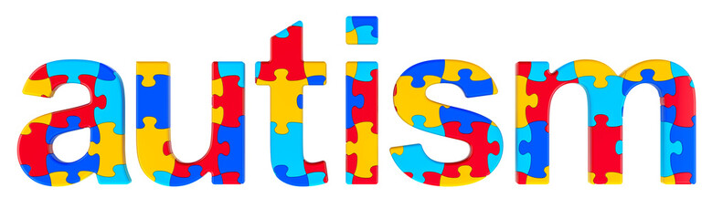 Autism word from colored puzzles, 3D rendering isolated on transparent background
