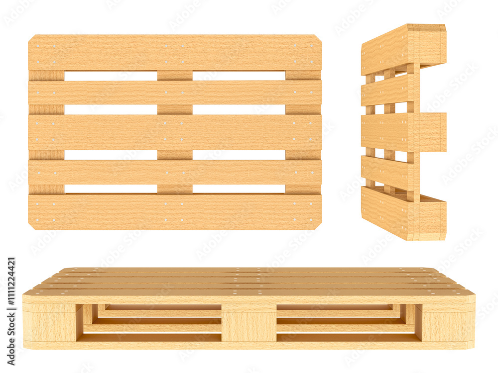 Aufkleber wooden pallets, side and front views. 3d rendering isolated on transparent background