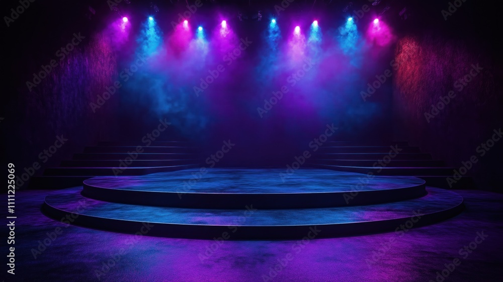 Poster empty dark stage with dark blue purple lighting. neon purple, blue lights illuminate steps. circular