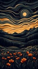 Fototapeta premium Mystical Night Field Illustration Blending Pyrography and Digital Art