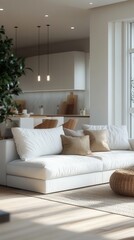 Modern living room with a gray sofa, plants, and wooden table in Scandinavian style, AI-generated