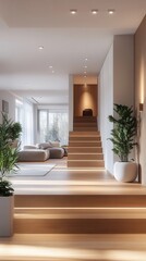 Fototapeta premium Modern living room with a gray sofa, plants, and wooden table in Scandinavian style, AI-generated